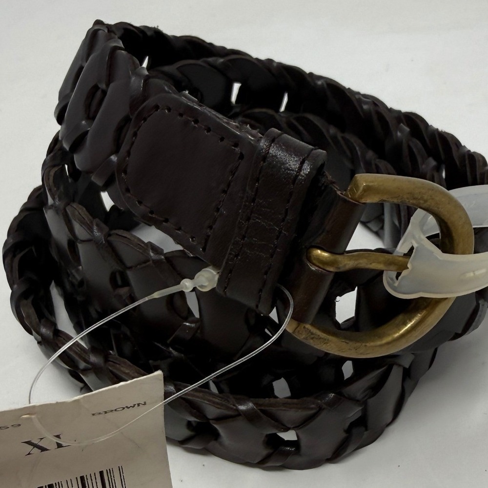 Accessory Crossing Dark Brown Braided Leather Belt XL Brass Buckle 12-9559